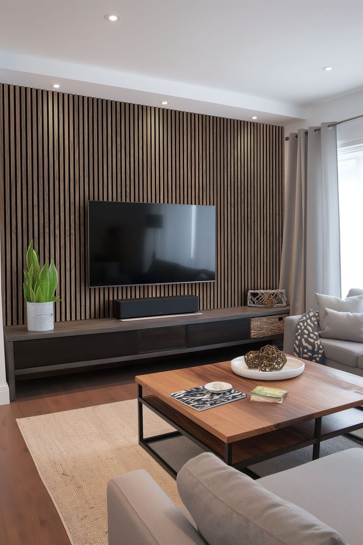 a living room with a couch, coffee table and television on the wall in front of it