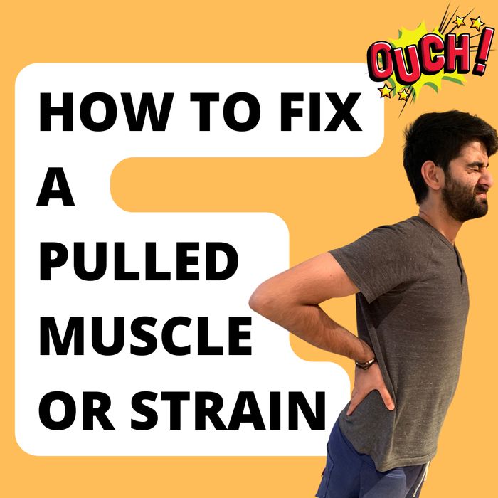 a man with his back to the camera and text reading how to fix a pulled muscle or strain