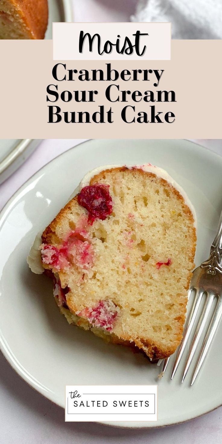 a slice of cranberry sour cream bundt cake on a plate with a fork