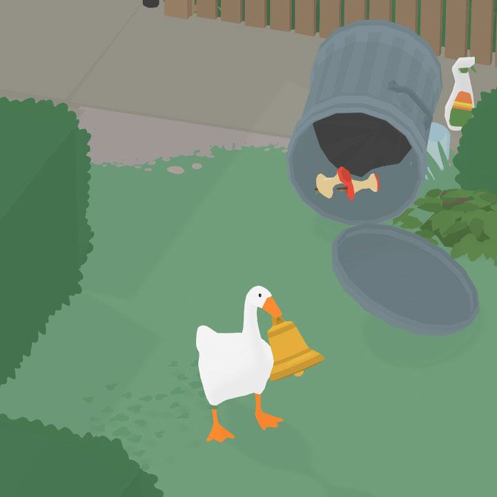 an animated image of a duck in the yard next to a garbage can and barrel