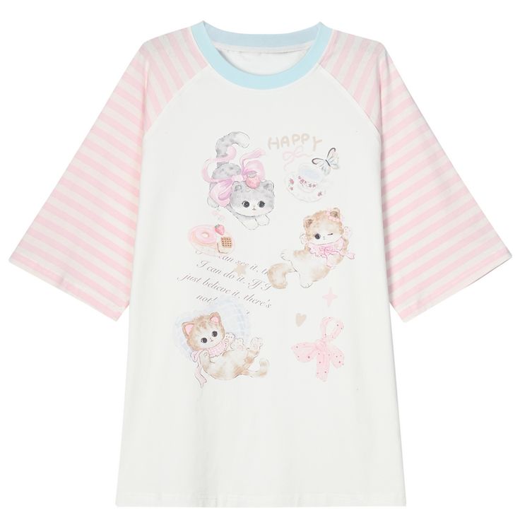 Embrace the perfect blend of cuteness and style with our adorable kitty print white T-shirt! This delightful top features a lovable kitty graphic that will melt your heart, while the contrasting pink striped sleeves add a playful touch. Crafted from high-quality, soft cotton, this T-shirt ensures all-day comfort and breathability. Whether you're heading out for a casual day with friends or simply lounging at home, this charming piece will keep you looking effortlessly cute and stylish. Pair it w Day With Friends, Steampunk Fashion Male, Kawaii Shirts, Cute Kitty, Striped Sleeve, Outfits With Hats, Asymmetrical Design, Kawaii Clothes, Steampunk Fashion