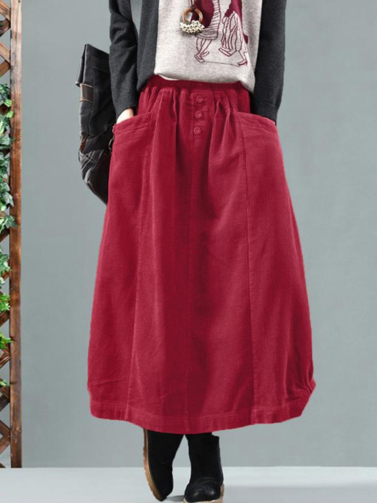 Rok Midi, Midi Skirt Casual, Sundress Casual, Solid Skirt, Retro Skirt, Look Retro, Langer Rock, Red Skirt, Half Slip