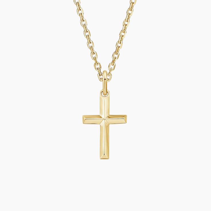 Homme Cross Pendant Necklace - 14K Yellow Gold. Unique beveled edges add a design-forward feel to this meaningful cross pendant. 
 
 Homme, our unique men's line, is a signature design collection united by handsome bevels that modernize traditional masculine silhouettes with sleek, high polish edges. Formal Polished Cross Pendant Necklace, Polished Cross Necklace For Formal Occasions, Formal Polished Cross Necklace, Classic Polished Crucifix Cross Necklace, Classic Crucifix Cross Necklace For Formal Occasions, Classic Formal Cross Necklace, Classic Cross Pendant Necklace, Classic Cross Pendant Necklace For Anniversary, Classic Yellow Gold Cross Necklace