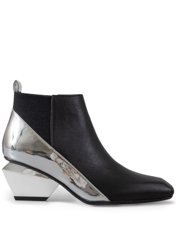 black/silver-tone calf leather metallic effect colour-block panelled design slip-on style high sculpted heel pull-tab at the heel almond toe branded leather insole rubber sole Tone Calves, Nude Boots, United Nude, Metallic Shoes, Colour Block, Black Leather Boots, Pull Tab, Boots Black, Boot Shoes Women