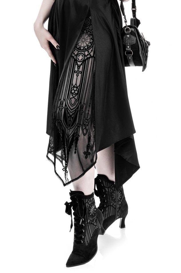 Embrace your inner goth with our irregular hem double slit goth skirt. its intricate lace embroidery and unique irregular hem design will add a touch of dark elegance to your wardrobe. shop now and make a statement! Styl Goth, Elegant Goth, Goth Skirt, Gothic Skirt, Handkerchief Skirt, Asymmetrical Skirt, Goth Outfits, Asymmetrical Design