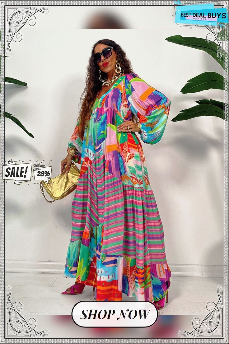 Oversized V-neck Printed Painted Retro Pleated Long Sleeve Loose Dress Multicolor Print Long Sleeve Maxi Dress For Vacation, Multicolor Long Sleeve Maxi Dress For Vacation, Long Sleeve Multicolor Maxi Dress For Vacation, Multicolor Loose Dress For Vacation, Loose Multicolor Vacation Dress, Loose Multicolor Dress For Vacation, Green Long Sleeve V-neck Dress For Beach, Green Long Sleeve V-neck Dress For Vacation, Oversized V-neck Maxi Dress For Vacation