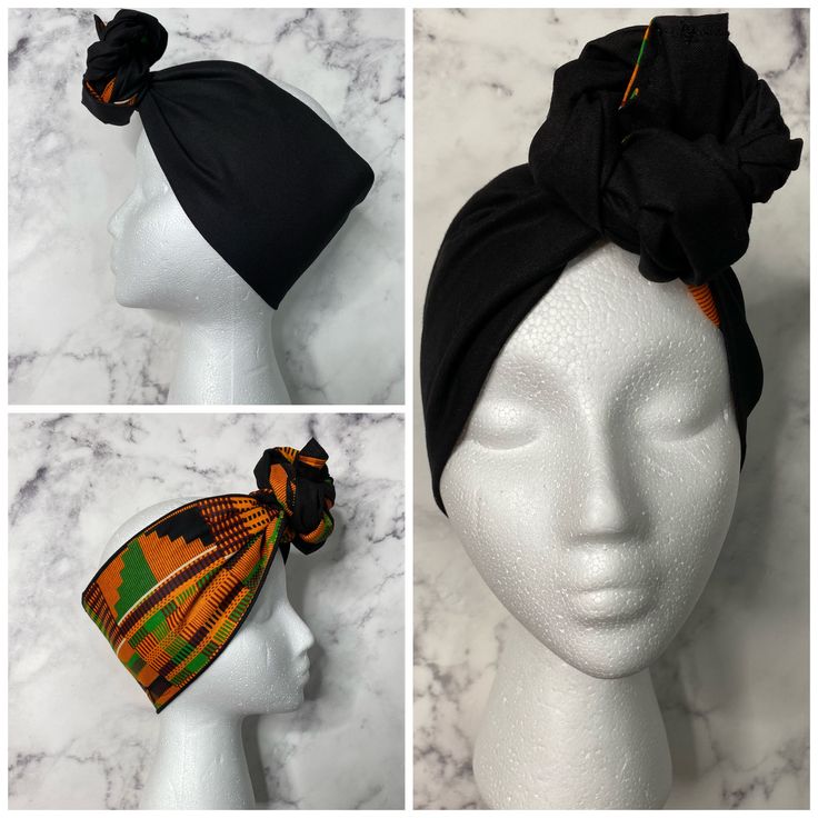 Two way African Print Headwrap  Two way headraps can be worn multiple ways with either print showing.  Size: 58 in x 4.5 in ALL SALES ARE FINAL Black Headscarf For Beach, Black Beach Headscarf One Size, Black Bohemian Headwrap Headband, Black Bohemian Headband One Size, Black Bohemian Headwrap In Headband Style, One Size Black Bandana Headband, Adjustable Black Turban For Beach, Adjustable Black Headwrap For The Beach, Adjustable Black Headwrap For Beach