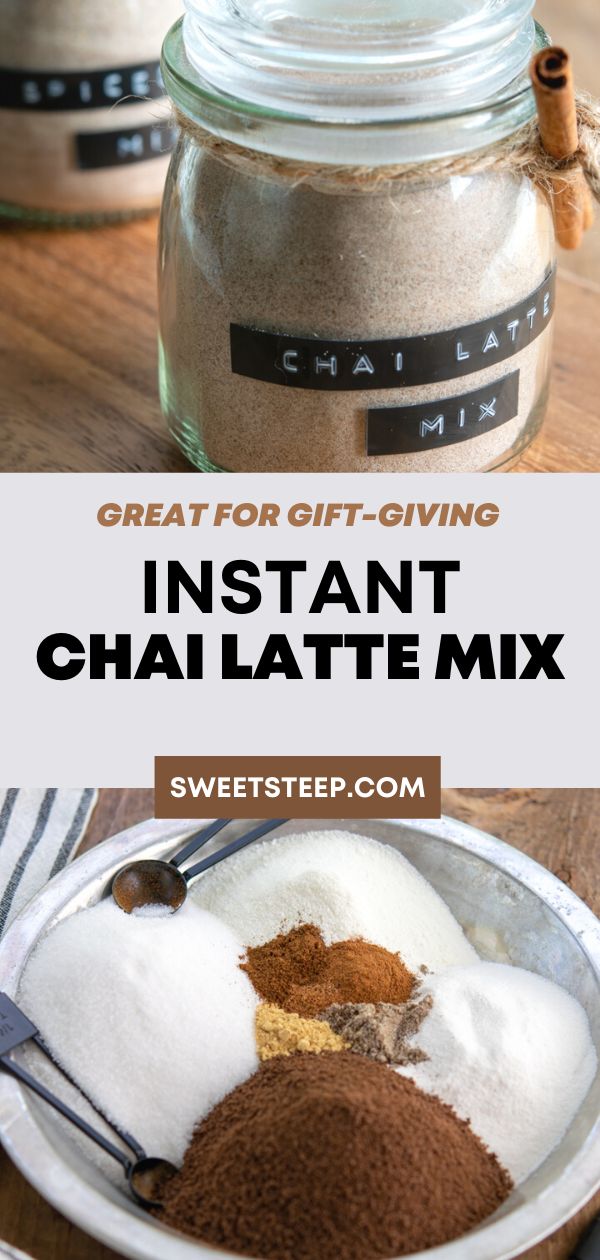 the ingredients for an instant chai latte mix in a glass jar