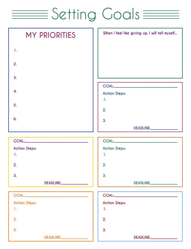 a printable goal sheet with the words setting goals in red, green and blue