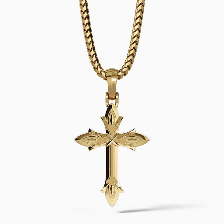 a mens gold cross necklace hangs from a 14 karat chain Cross Pendant Men, Gold Pendants For Men, Cross Necklace For Men, Symbol Of Hope, Gold Cross Necklace, Cross Chain, Gold Cross Pendant, Small Crosses, Necklace For Men