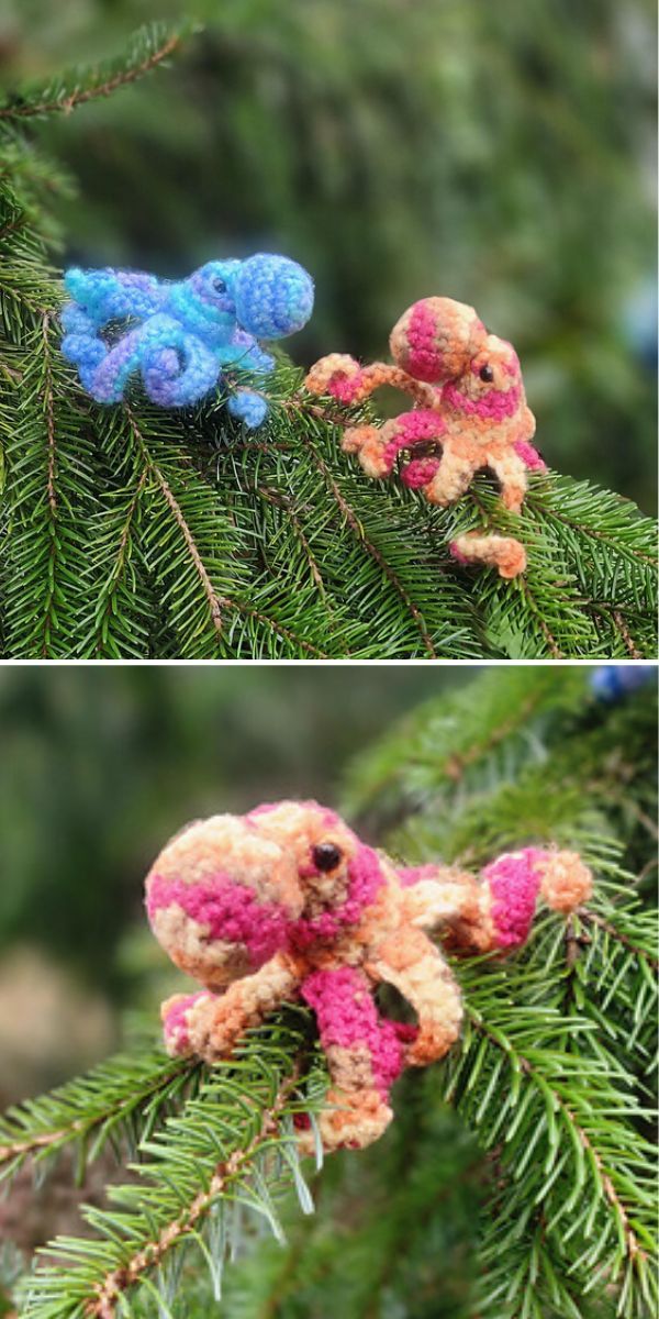 two small stuffed animals sitting on top of a pine tree next to another toy bear