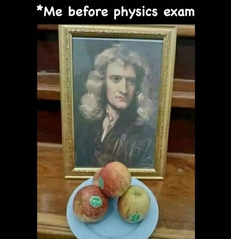 three apples on a blue plate next to a framed photo with the words me before physics exam