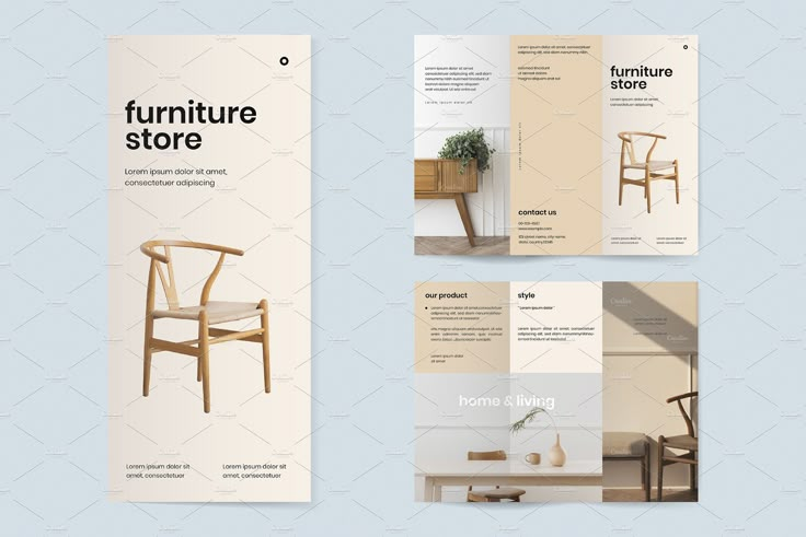 the furniture store brochure is shown in three different positions, including an armchair and table