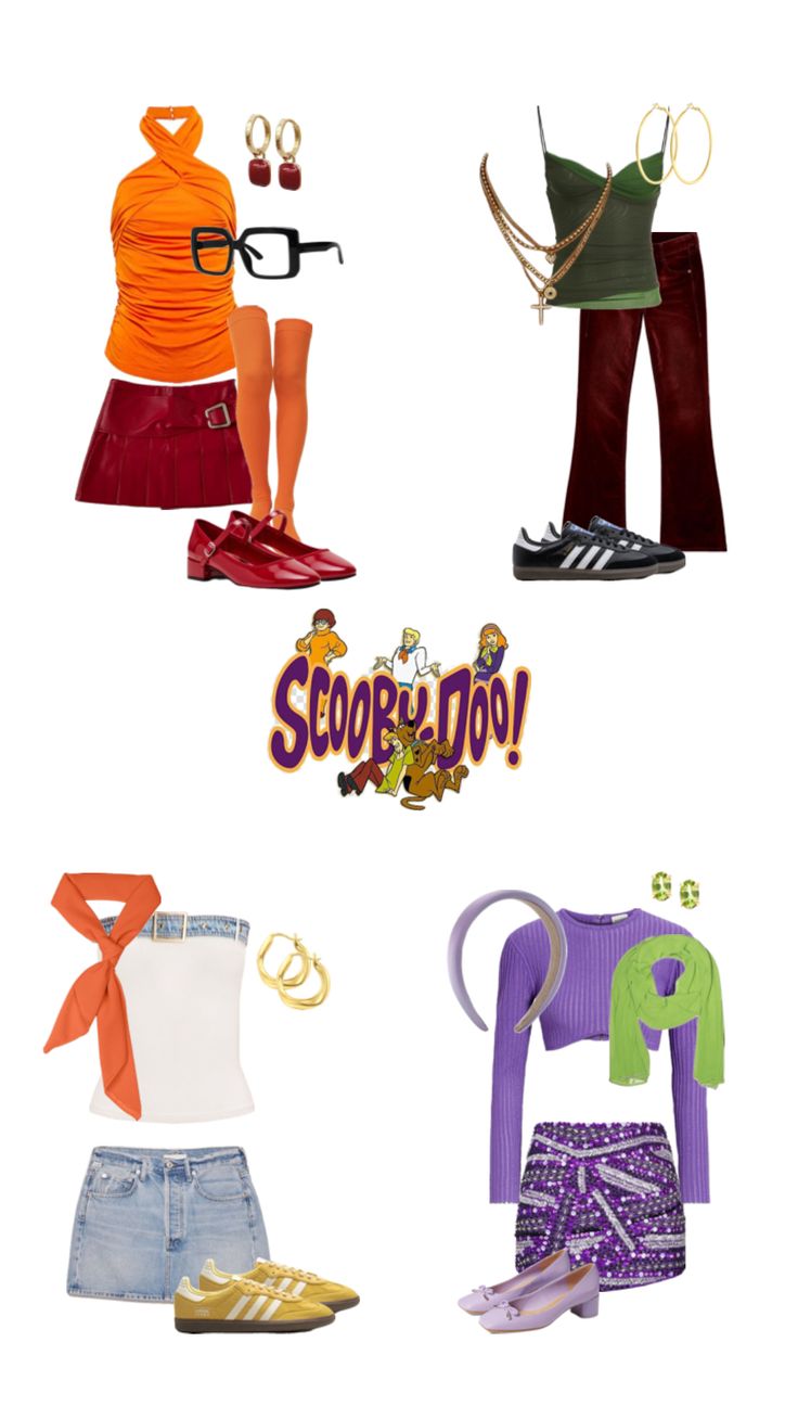 four different types of clothes and shoes with the words scoo - doo on them