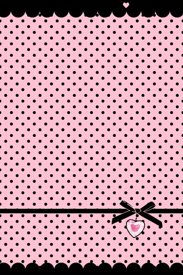 a pink and black polka dot background with a heart on the corner, surrounded by small dots