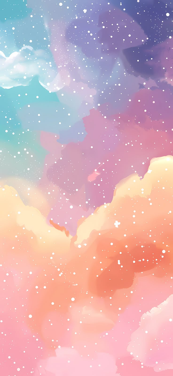 the sky is filled with clouds and stars in pastel colors, as well as some blue