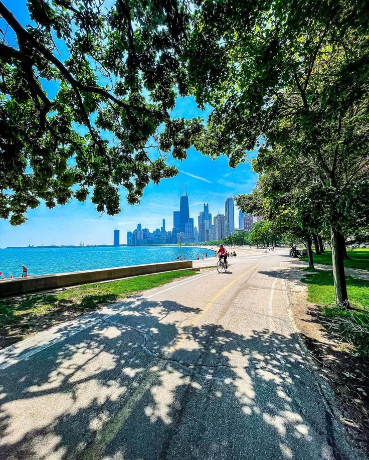 a person riding a bike down a street next to the ocean and cityscape