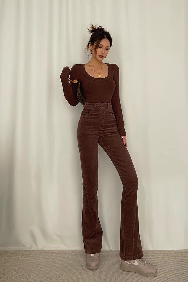 Brown Flare Pants, Brown Flares, Brown Fits, Fall Clothes, Flare Leg Pants, Rhinestone Dress, Plain Color, Dress Satin, Bandage Dress