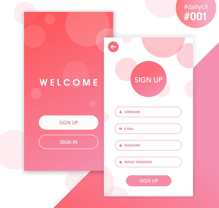 a pink and white welcome sign up form with circles on the front, back and side