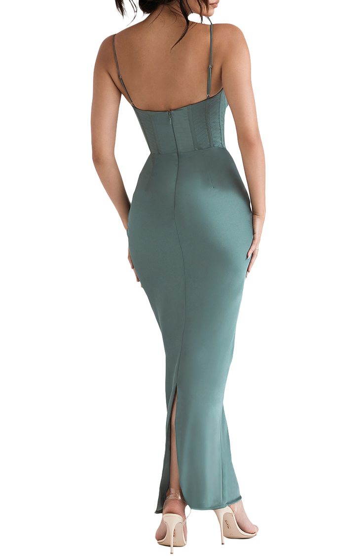 Be the highlight of every glam event in this stunning corset dress cut from silky satin in a curvaceous silhouette for an elegantly seductive look. Exclusive retailer 59 1/2" length Cowl neck Spaghetti straps Polyester/elastane Dry clean Imported Evening Strapless Dress With Fitted Bodice, Fitted Evening Dress With Corset Back For Gala, Sleeveless Satin Gown With Corset Back, Fitted Sleeveless Gown With Satin Finish, Sleeveless Satin Gown With Boned Bodice, Sleeveless Satin Finish Gown For Night Out, Satin Evening Dress With Boning For Gala, Fitted Corset Dress With Sweetheart Neckline For Gala, Gala Evening Dress In Satin With Boning