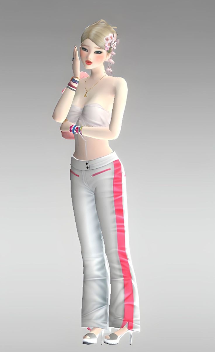 a woman in white top and grey pants with pink stripes on her leggings