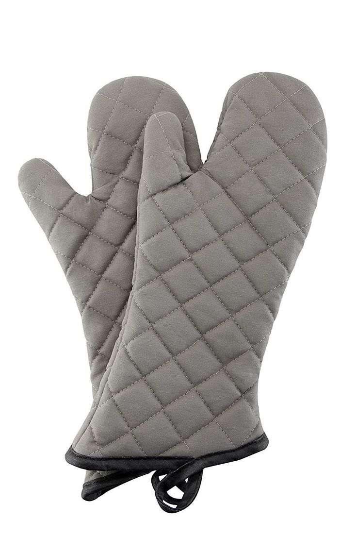 the oven mitt is grey and has black stitching on the front, with two fingers