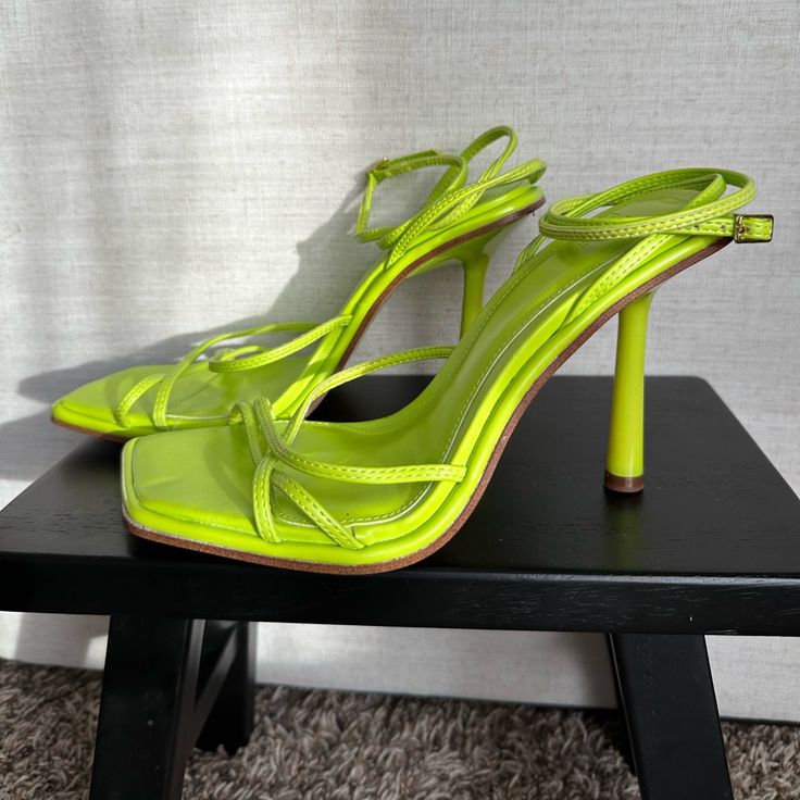 Brand New Without Tags Never Been Worn, Only Tried On At Home. Size 39 Eu Fits Like An 8/8.5 Us Zara Shoes, Strap Heels, Green Yellow, Open Toe, At Home, Zara, Neon, Brand New, Tags