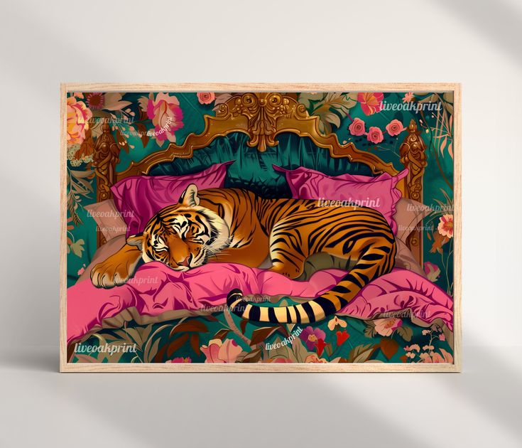 a tiger laying on top of a bed covered in pink sheets and pillows with flowers