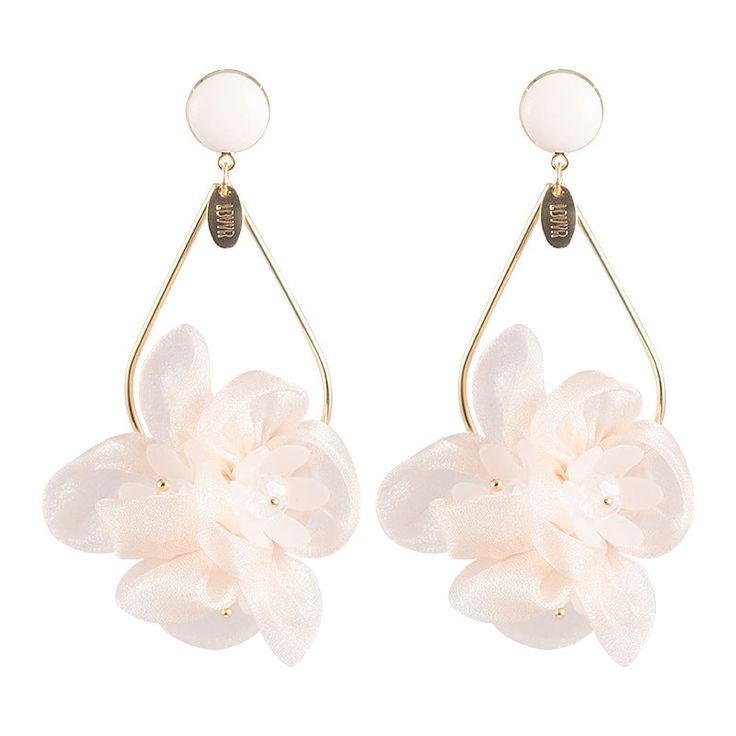 Large Flower Petal Chiffon Drop Earrings Chic Flower Charm Drop Earrings, Chic Drop Earrings With Flower Charm, Formal Rose Gold Flower Earrings, Elegant Flower Charm Earrings For Summer, Elegant Summer Earrings With Flower Decoration, Elegant Spring Earrings With 3d Flowers, Elegant Rose Gold Flower Earrings For Summer, Elegant 3d Flowers Earrings For Spring, Spring Wedding Drop Earrings