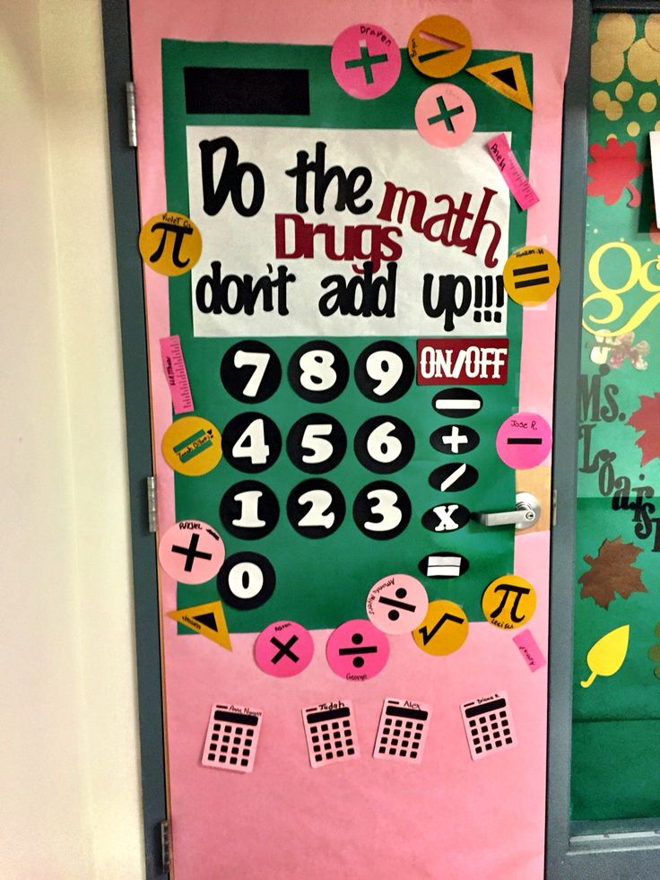 #redribbonweek #middleschool #math #dothemath do the math, drugs don't add up #classroomdoordecor #classroom #decor Maths Door Decoration Ideas, Math Halloween Door, Math Door, Math Door Decorations, Lucky Charm Math, Math Classroom Wall, Preschool Jobs, Halloween Door Decorations Classroom, Teacher Door Decorations