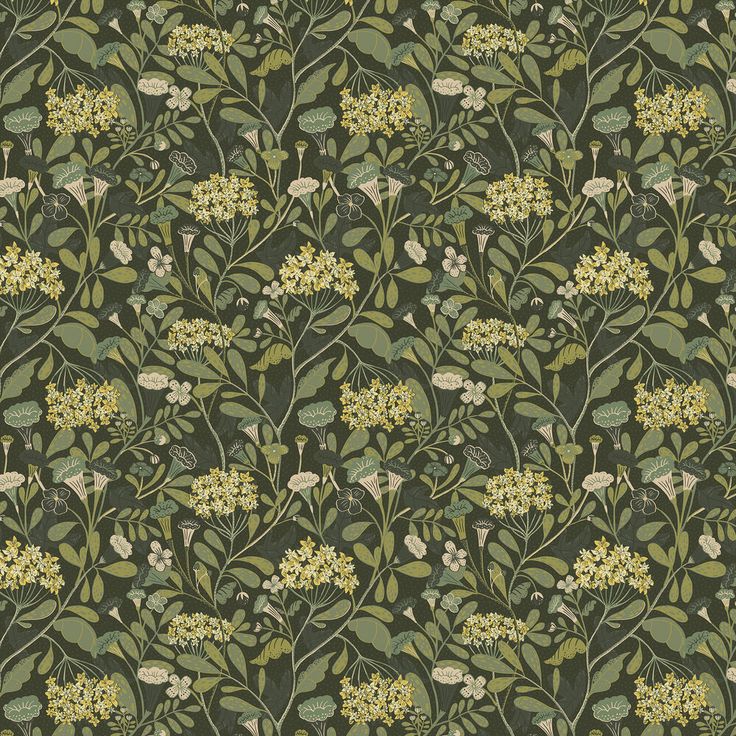 a green and yellow floral wallpaper with small flowers on it's sides,