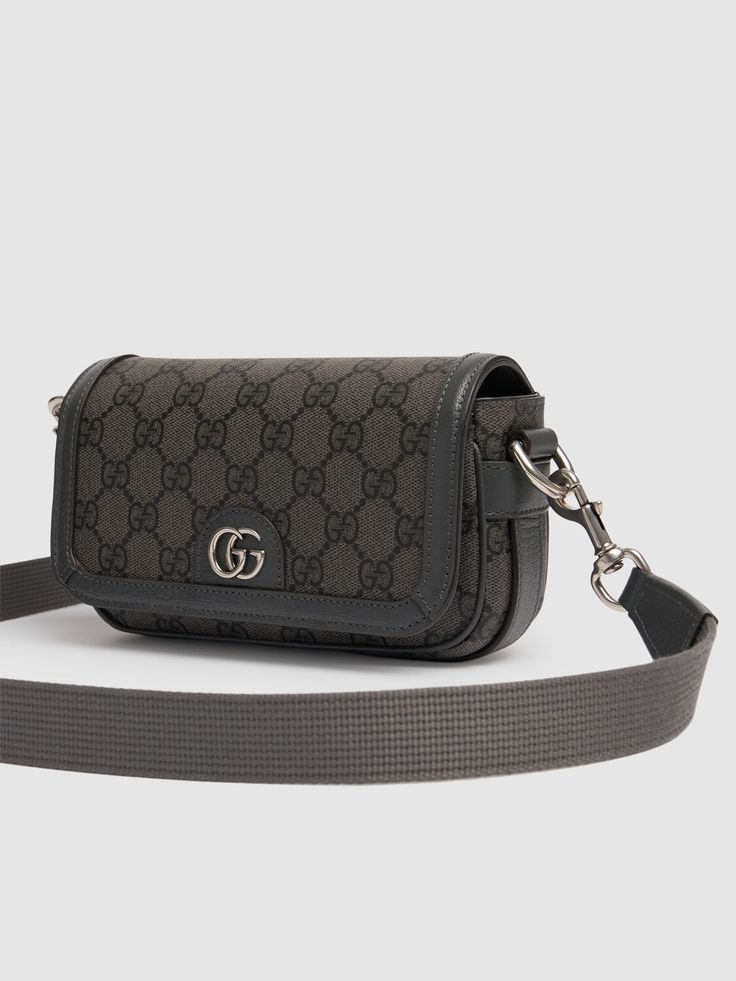 Height: 10cm Width: 18.5cm Depth: 5.5cm. Grey and black GG Supreme canvas . Dark grey leather trim . Brown cotton linen lining . Double G . Inside: 1 zip pocket . Detachable adjustable shoulder strap with 55cm drop . Magnetic snap closure Gucci Luxury Shoulder Bag With Gunmetal Hardware, Luxury Gucci Shoulder Bag With Gunmetal Hardware, Gucci Canvas Shoulder Bag With Leather Trim, Gucci Canvas Bag With Adjustable Strap, Gucci Leather Trim Evening Shoulder Bag, Luxury Belt Bag With Removable Pouch In Coated Canvas, Monogram Canvas Belt Bag With Detachable Strap, Gucci Leather Belt Bag With Removable Pouch, Rectangular Leather Gucci Belt Bag