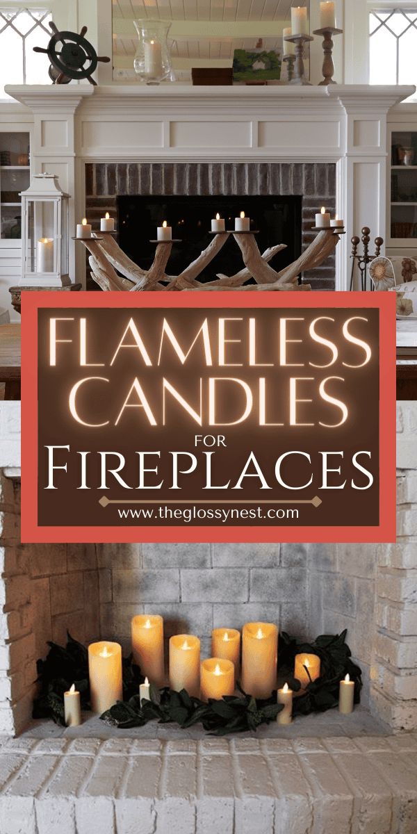 candles are lit in front of a fireplace with the words flameless candles for fireplaces