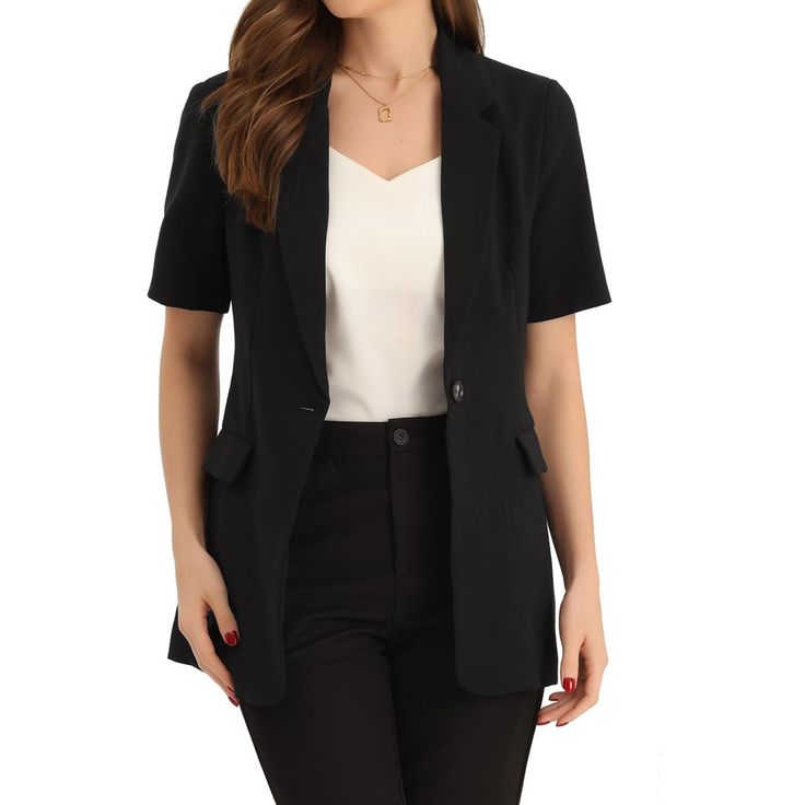 Looking for a stylish and sophisticated addition to your work wardrobe? Look no further than this lapel blazer for women. With its button-down front, lapel collar, and short sleeves, this blazer is the perfect combination of comfort and elegance. Whether you're dressing up for a big meeting or just want to add a touch of professionalism to your everyday look, this blazer is sure to impress. Pair it with some statement jewelry, dress pants, a skirt, or even jeans and you'll be ready to take on th Tailored Button-up Blazer For Career, Classic Black Career Blazer Dress, Black Single Button Blazer Dress For Office, Tailored Career Blazer For Office, Tailored Blazer For Career, Office Lady Style, Tailored Office Lady Blazer For Career, Professional Notched Blazer For Work, Professional Single Button Blazer For Work, Business Casual Blazer With Suit Collar