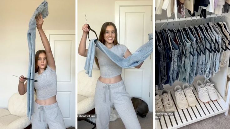 two pictures of a woman holding up clothes