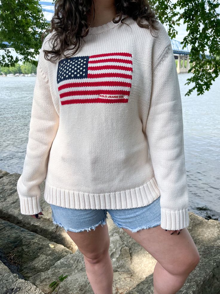 4th of july, 4th of July outfit, 4th of july pics, american flag sweater, ralph lauren aesthetic, ralph Lauren, ralph Lauren sweater, 4th of July outfit inspo, 4th of july photo inspo, ralph lauren American flag sweater Birkenstock Clogs, Flag Sweater, American Flag Sweater, Knitwear Outfit, Embroidery Sweater, The American Flag, Crop Top Dress, Winter Pullover, Navy Sweaters