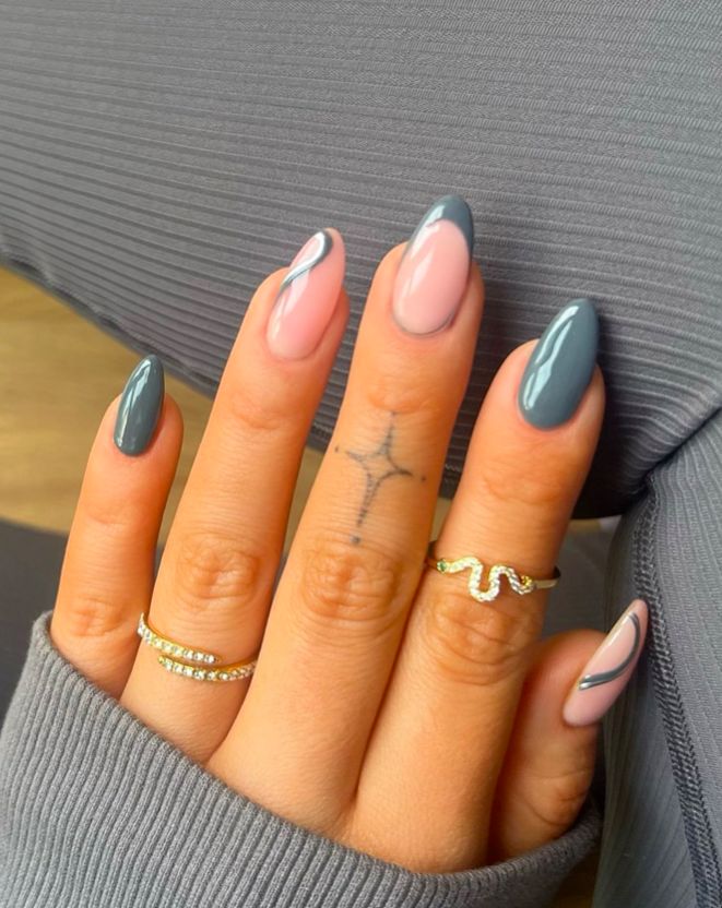 Short Almond Nail Ideas, Basic Baddie Nails, Almond Nail Ideas, Grey Acrylic Nails, Grey Nails, Grey Nail Designs, Short Almond Nails, Viral On Tiktok, Baddie Nails