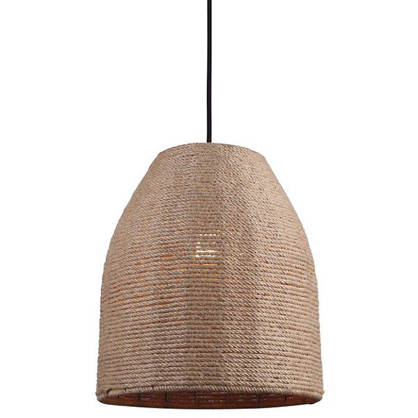 a light hanging from a ceiling fixture with a brown rope and wood finish on the bottom