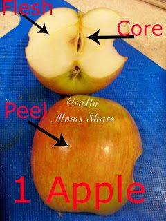 an apple is shown on a blue mat with the words, peely moms share and 1 apple