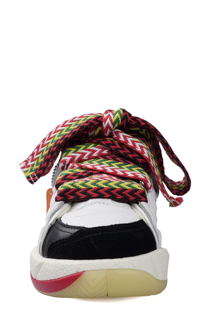 Wide woven laces play up the exaggerated proportions of a chunky-soled sneaker that's sure to be a street-style standout. Lace-up style Leather upper and lining/rubber sole Imported White Textile Chunky Lace-up Sneakers, Urban Multicolor Lace-up Sneakers, Trendy Custom Lace-up Sneakers, Trendy Custom High-top Sneakers, Low-top Chunky Sneakers With Elastic Laces For Streetwear, Multicolor Leather Sneakers With Laces, Trendy Platform Sneakers With Elastic Laces And Round Toe, Trendy Multicolor Lace-up Custom Sneakers, White Chunky Sneakers With Elastic Laces For Streetwear