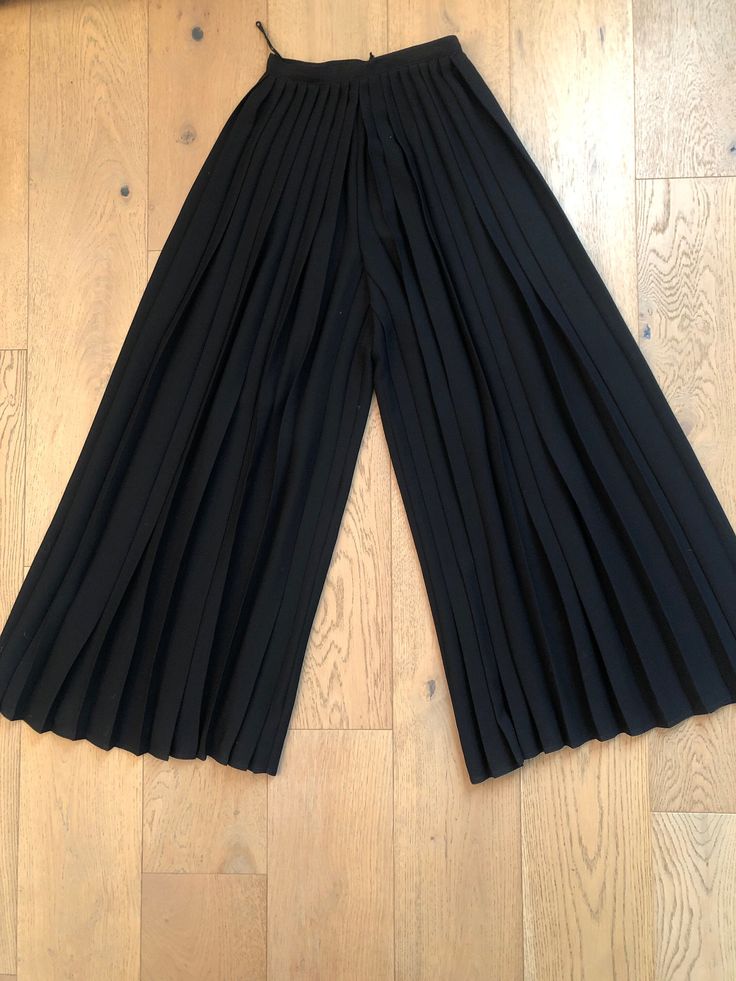 "Stunning black pleated pants in a wide leg palazzo style. With a back hook and zipper closure at waist. No tags.  Marked size 6, but runs very small at waist - for a proper fit please see measurements below: Waist: 24\" Length of the pants 43.5\" inseam: 27\" Rise approx: 14\" Excellent condition!" Chic Pleated Wide-leg Culottes, Fall Pleated Wide Leg Pants, Spring Pleated Wide Leg Pants, Pleated Wide-leg Pants, Chic Pleated Wide Leg Culottes, Pleated Wide Leg Culottes For Fall, Fall Black Bottoms With Pleated Waist, High Waist Pleated Culottes, High-waisted Black Pleated Pants