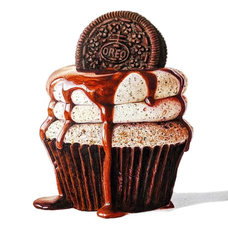 a drawing of a chocolate cupcake with oreo cookies on top