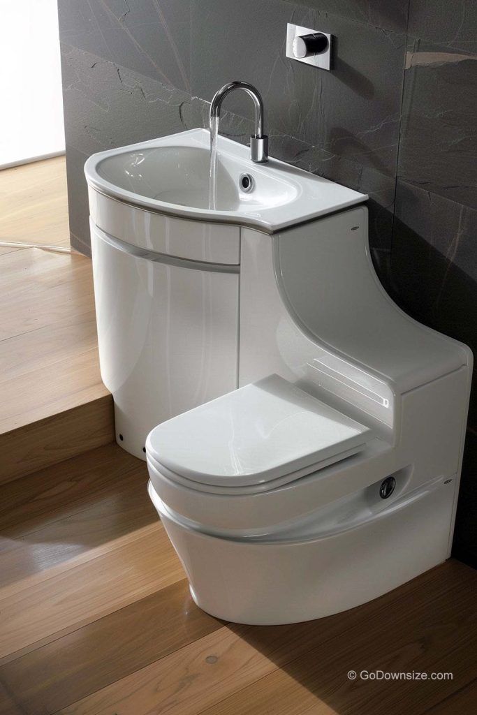 a white toilet sitting next to a bidet in a bathroom on top of a wooden floor