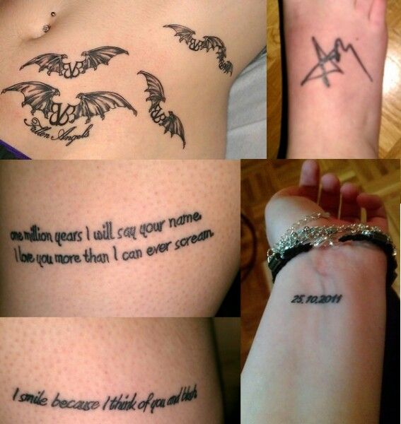 four different pictures of tattoos with words on their arms and legs, all in black ink