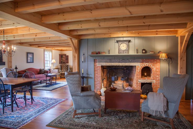 a living room filled with furniture and a fire place in the middle of a room