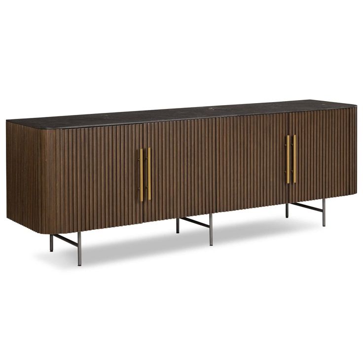 Fletcher Media Console, Terra Brown-Furniture - Storage-High Fashion Home Brushed Brass Hardware, Entertainment Area, Presidents Day Sale, Linear Design, Media Storage, Media Console, Entertaining Area, Home Entertainment, Rich Textures