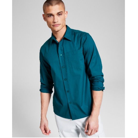 And Now This Poplin Long-Sleeve Wovens Button-Up Shirt Style: Pa5007sy43 Color: Teal Men’s Size Large There Is Always A Time For Simple, Clean And Comfortable Style As Presented By The Solid-Tone, Timeless Lines And Soft Poplin Finish Of This Long-Sleeve Shirt By And Now This. Point Collar Pocket At Left Chest Imported Long Sleeves With Button Cuffs 95% Cotton / 5% Elastane Details: - Long Sleeve - Collar - Button Front - Cuffed Sleeve - Casual Button Down Shirt Casual Cotton Button-up Dress Shirt, Green Casual Button-up Dress Shirt, Casual Green Button-up Dress Shirt, Casual Collared Dress Shirt For Fall, Fall Casual Collared Dress Shirt, Casual Fall Collared Dress Shirt, Cotton Button-up Dress Shirt For Fall, Casual Button-up Dress Shirt For Spring, Fall Cotton Button-up Dress Shirt