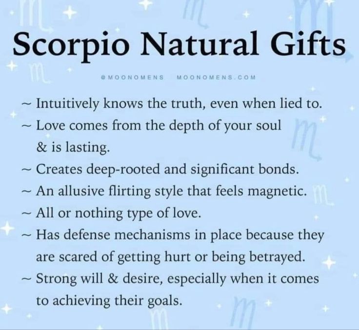 the zodiac sign for scorpio natural gifts is shown in blue and white with stars