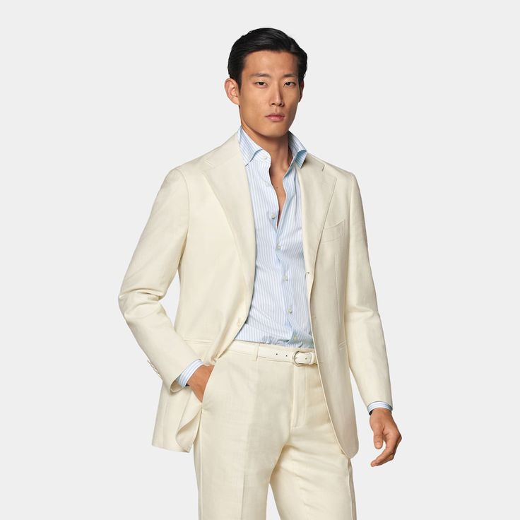 Cut to a relaxed fit, this off-white suit features a jacket with a natural shoulder and accompanying flat-front trousers with a straight-leg and belt loops. Custom Tuxedo, Perfect White Shirt, Tuxedo Shoes, Tuxedo Accessories, Black Tie Formal, Custom Made Suits, Italian Suit, Tuxedo Pants, Linen Suits