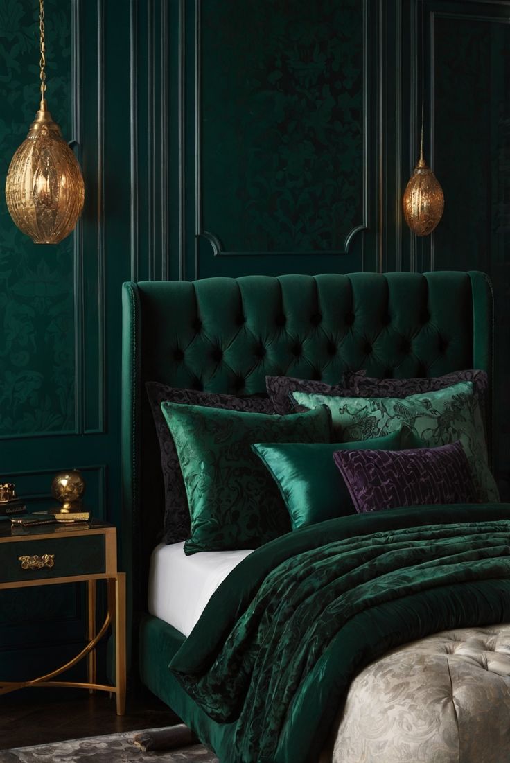 a bed with green and gold pillows in a dark colored room next to a night stand